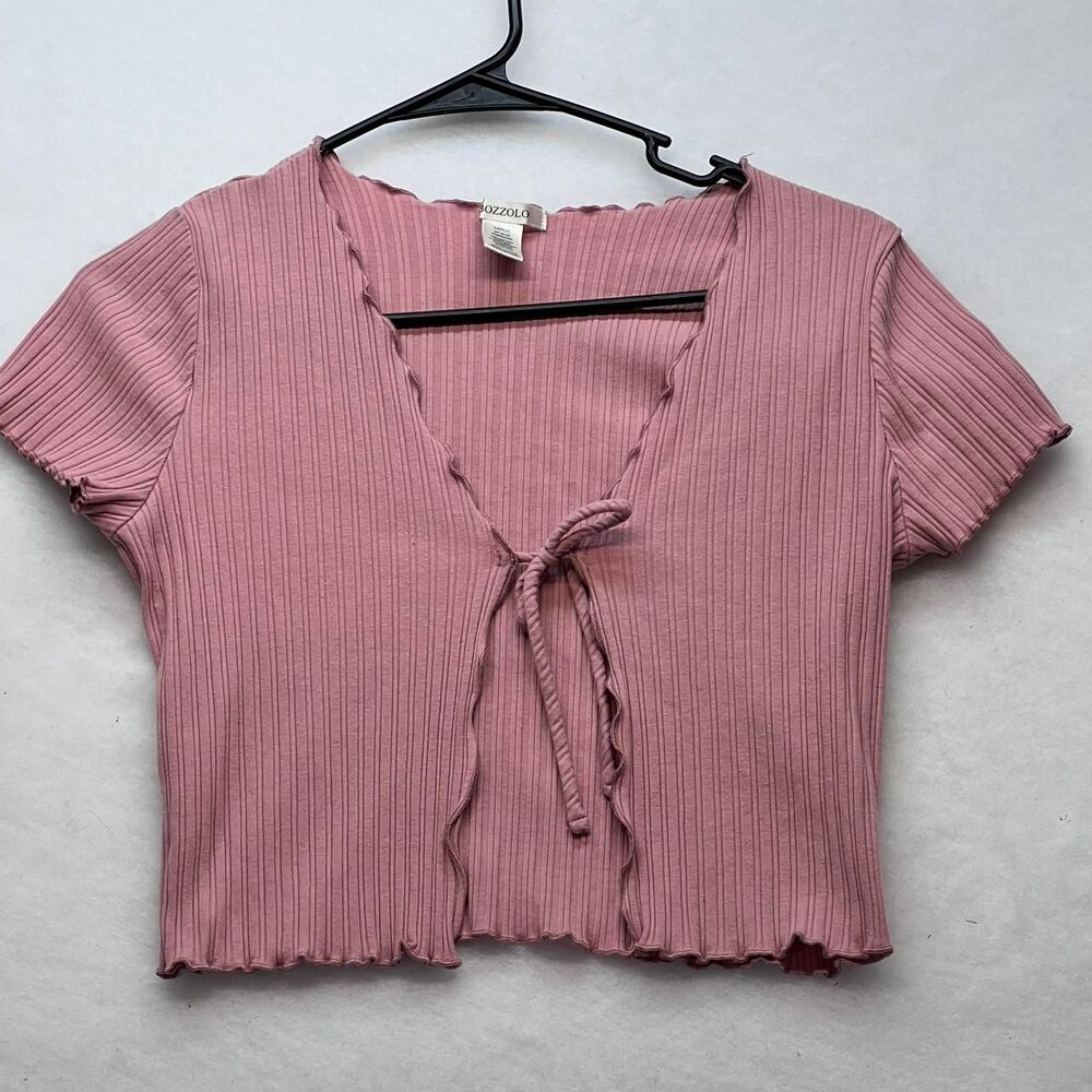 Bozzolo Women's Pink Crop-top with tie front and lettuce trim- LG